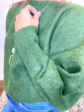 Dark Olive Boat Neck Balloon Sleeve Sweater