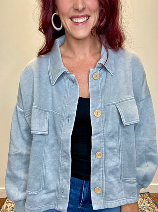 Gray Acid Washed Fleece Shacket with Front Pockets