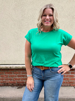 Kelly Green  Round Neck Folded Sleeve Tee