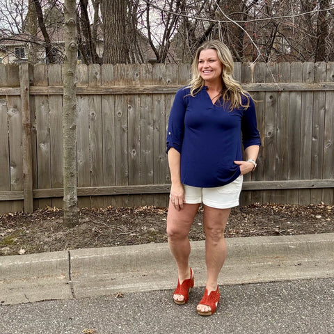 Navy Split Neck Relaxed 3/4 Sleeve
