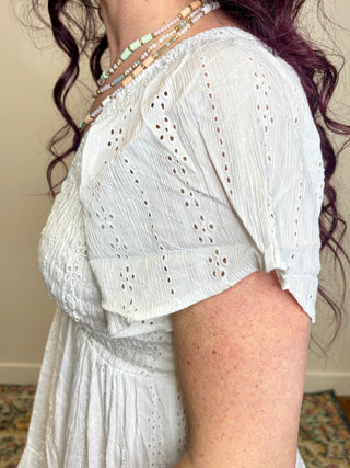 White V-Neck Embroidered Short Sleeve Dress