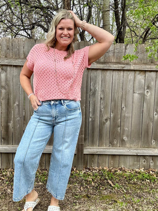 Risen Mid Rise Crop Wide Leg Pintuck Detail Jeans