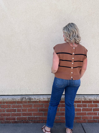 Camel Striped Button Up Sweater Vest