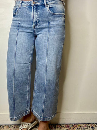 Risen Mid Rise Crop Wide Leg Pintuck Detail Jeans