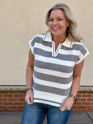 Grey Striped Collared Short Sleeve Sweater