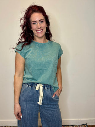Blue Crinke Washed Folded Sleeve Tee