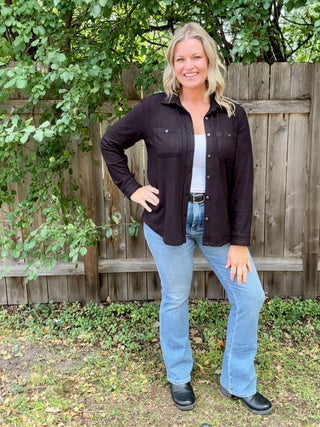 Black Stretch Solid Button Up