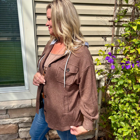 Brown Ribbed Hooded Shacket