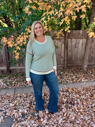 Dark Sage Striped Crew Neck Pullover