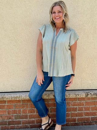 Embroidered Split Neck Ruffle Sleeve Top