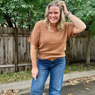 Deep Camel Short Sleeve V-Neck Dolman Sweater
