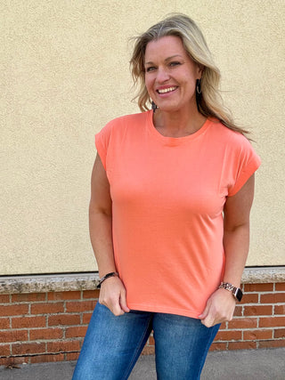 Coral Round Neck Folded Sleeve Tee