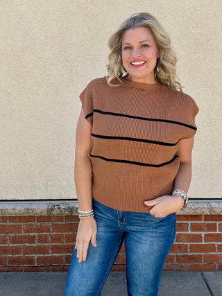 Camel Striped Button Up Sweater Vest