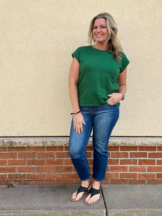 Dark Green Round Neck Folded Sleeve Tee