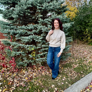 Beige Mock Neck Exposed Seam Sweater