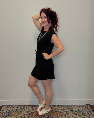 Black Drawstring Waist Terry Dress