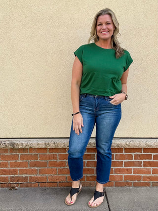 Dark Green Round Neck Folded Sleeve Tee