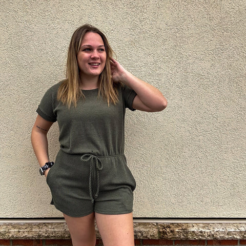 Olive Ribbed Romper with Pockets