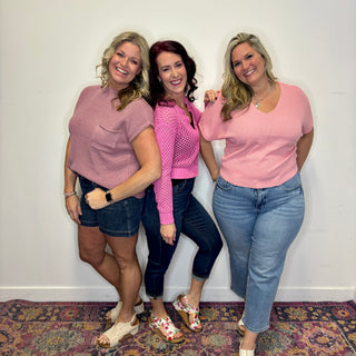 Light Rose Mock Neck Short Sleeve Sweater