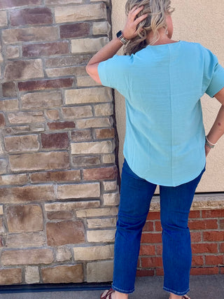 Dusty Teal Woven Airflow Short Sleeve Split Neck Top