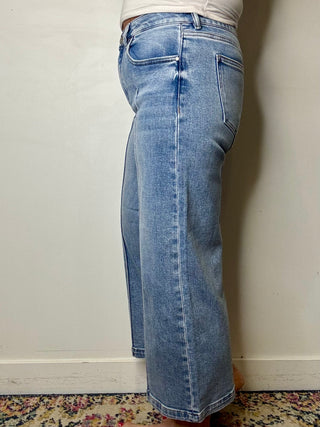 Risen Mid Rise Crop Wide Leg Pintuck Detail Jeans