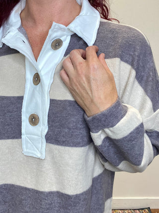 Gray/Cream Striped Hacci Polo Sweater