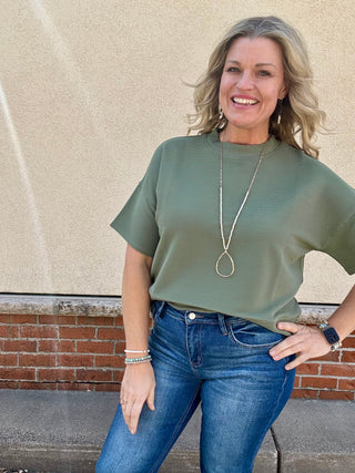 Olive Ribbed Round Neck Short Sleeve
