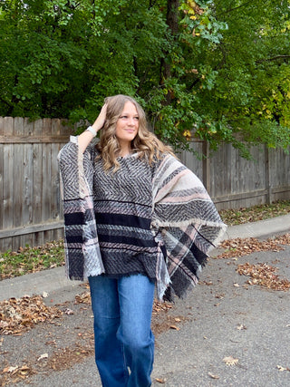 Black, Cream, Blush Plaid Hooded Poncho