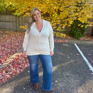 Cream Hooded V-Neck Long Sleeve