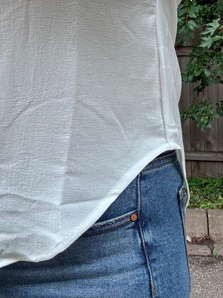 White Cuffed Short Sleeve Air Flow Split Neck Button Down Top