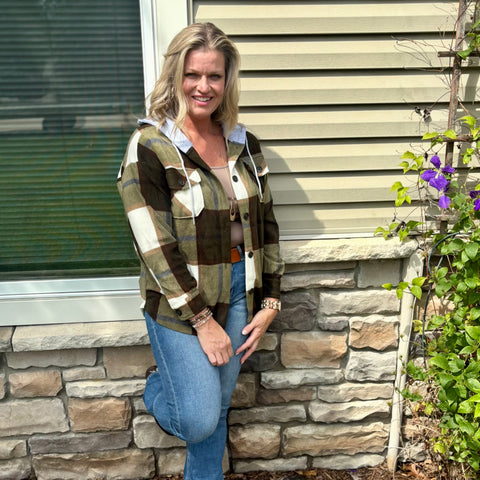 Plaid Drawstring Hooded Shacket