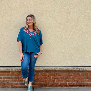 Teal Embroidered Dolman Top