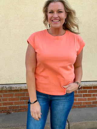 Coral Round Neck Folded Sleeve Tee