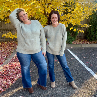 Moss Olive Crew Neck Sweater with Kangaroo Pocket