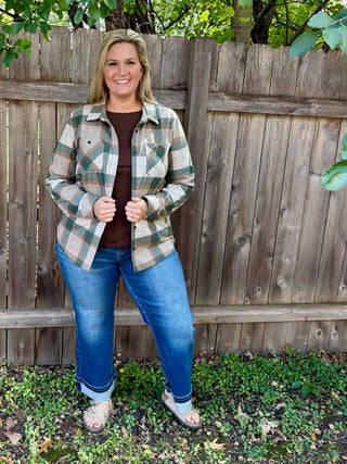 Cream, Tan, Green Stretch Plaid Button Up