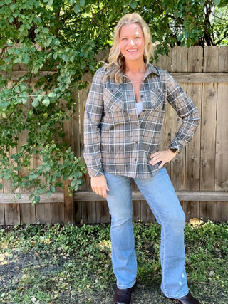 Soft Gray, Tan, White Stretch Plaid Button Up