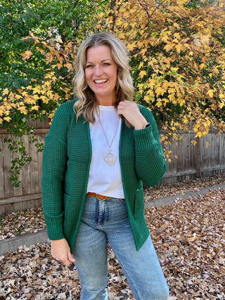 Hunter Green Waffle Knit Open Cardigan Sweater