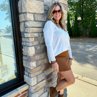 Camel Textured Faux Leather  Mini Skirt
