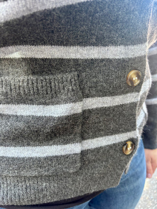 Charcoal Striped Button Down Hooded Cardigan