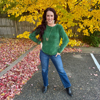 Dark Green Round Neck Waffle Knit Sweater