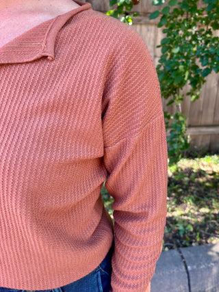 Rust Textured Split Neck Long Sleeve Top