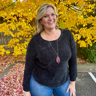 Black Round Neck Waffle Knit Sweater