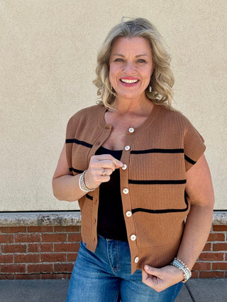 Camel Striped Button Up Sweater Vest