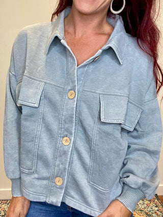 Gray Acid Washed Fleece Shacket with Front Pockets