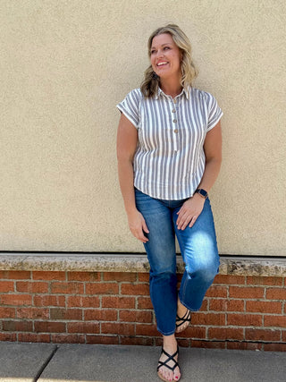 Stripe Collared Half Button Short Sleeve