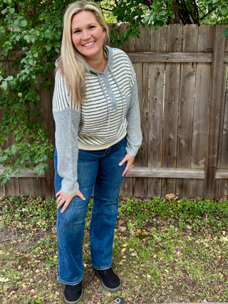 Charcoal Hoodie Sweater button Henley with Cream and Black Stripe