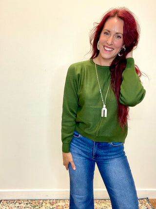Army Green Front Seam Round-Neck Sweater