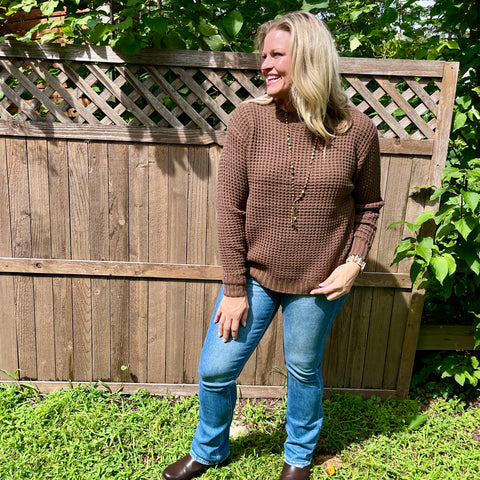 Brown Long Sleeve Round Neck Waffle Knit Sweater
