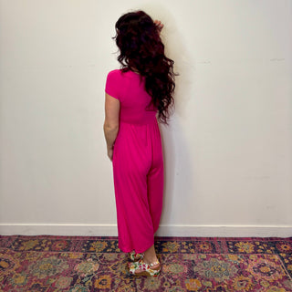 Hot Pink Double Layered Short Sleeve Jumpsuit