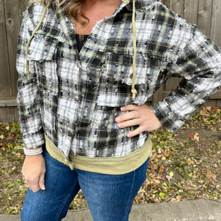 Olive and Black Plaid Hooded Button Up